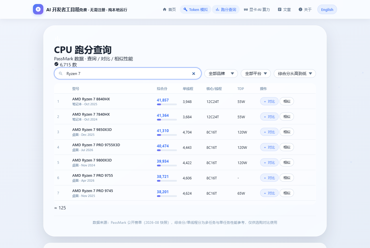 CPU 跑分查询工具界面